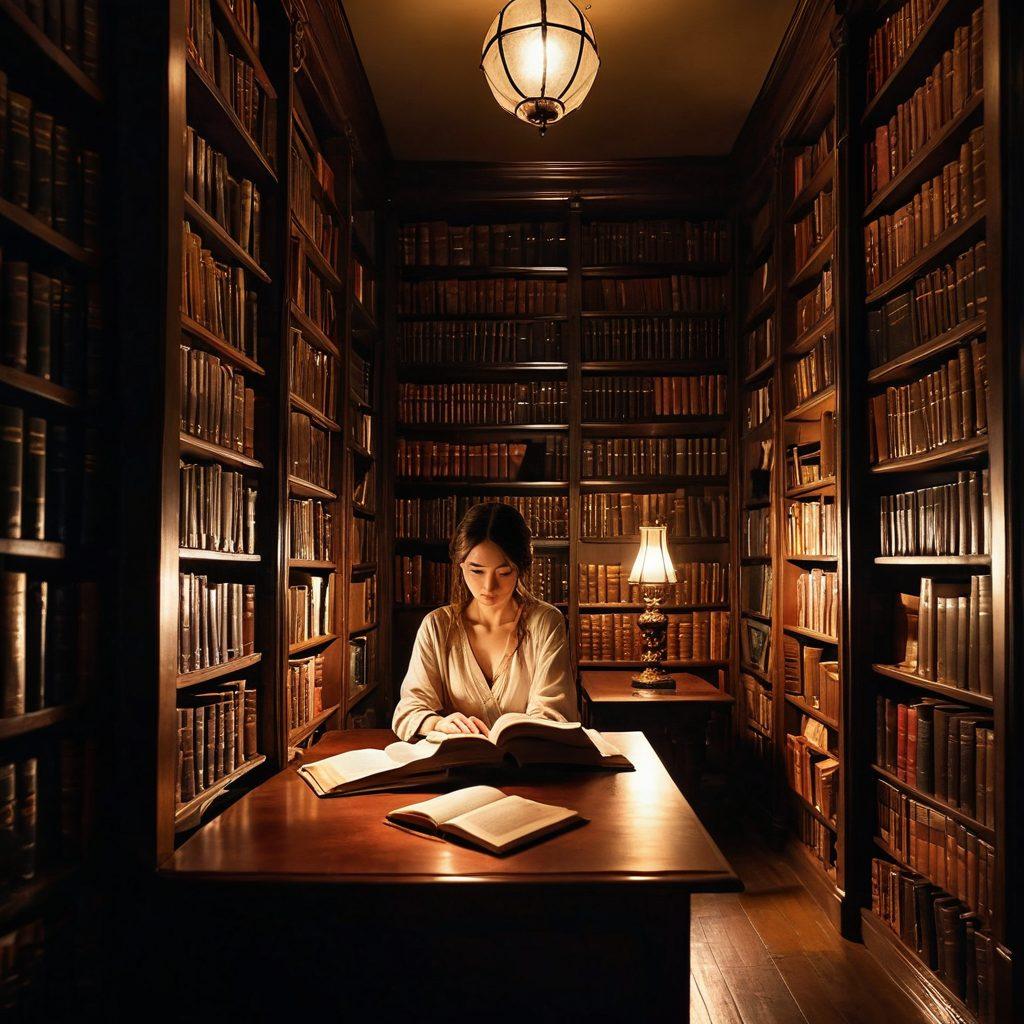 An intricately designed manga scene featuring a mysterious, enchanting library filled with ancient tomes on adult themes. Soft, seductive lighting illuminates the shelves, with subtle hints of erotic art peeking from the pages. A figure, half-shrouded in shadows, is contemplating the books, exuding an air of intrigue and curiosity. Emphasize rich colors and captivating details that draw the viewer in. vibrant colors. super-realistic. cinematic lighting.